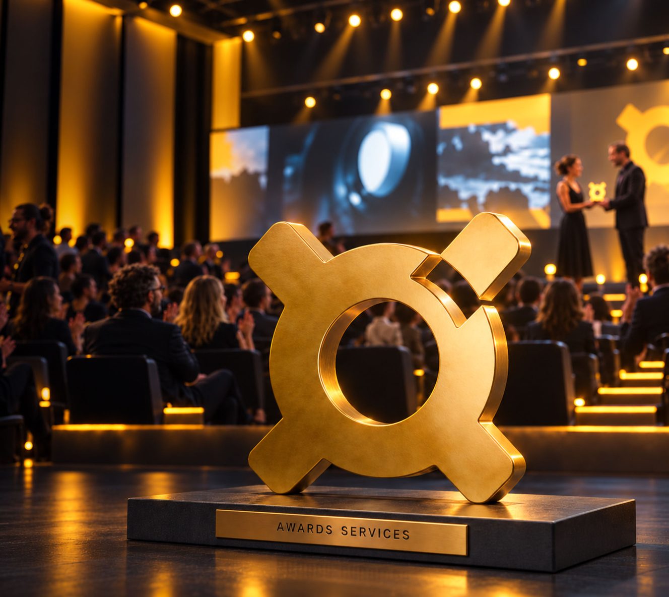 Trofeo dorado con forma de anillo y aspas sobre una base negra con la placa AWARDS SERVICES, en primer plano de un auditorio lleno y un escenario iluminado donde dos presentadores intercambian una estatuilla durante una ceremonia de premiación