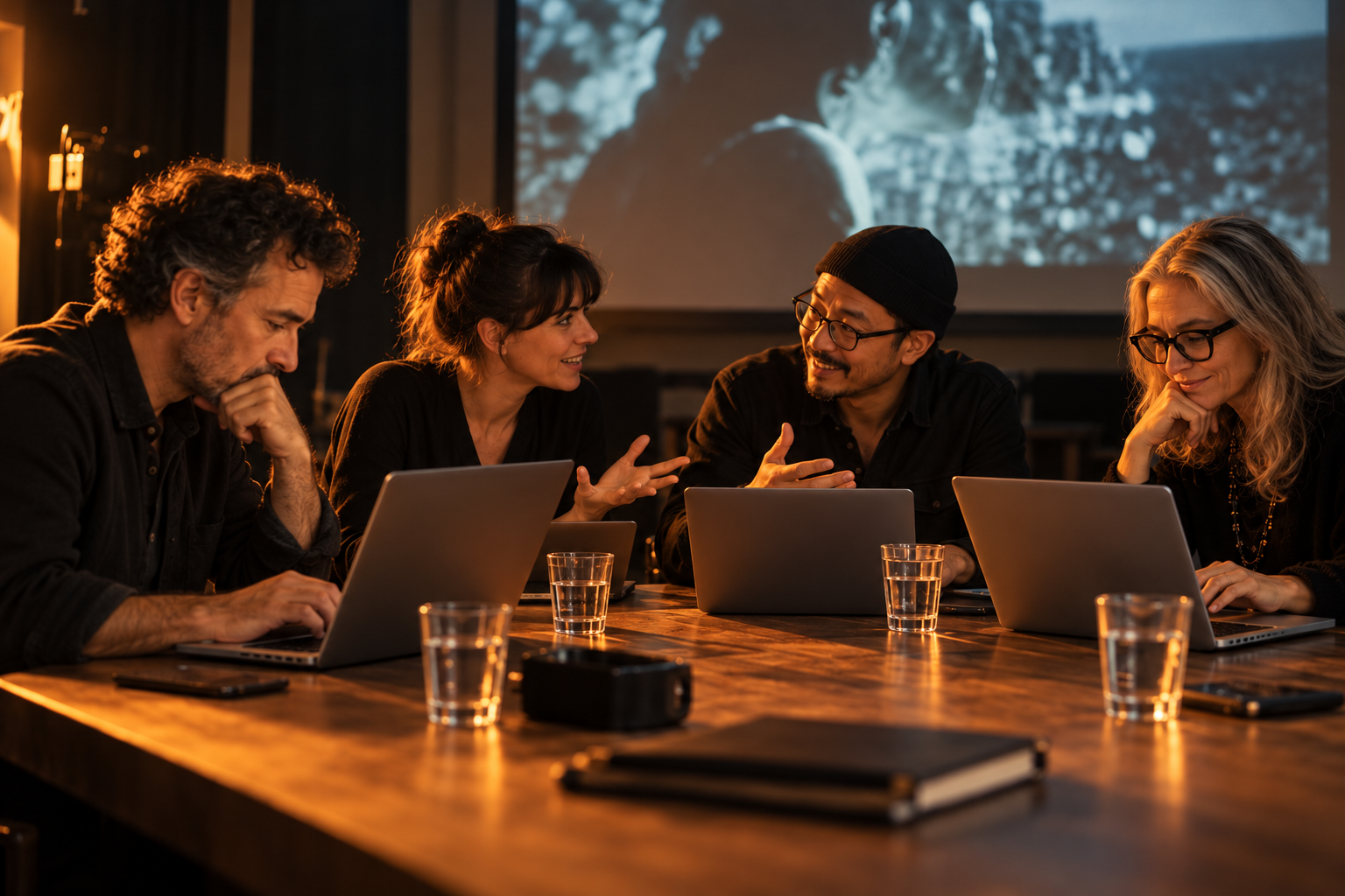 Jurados que votan con sus laptops y conversan sobre las piezas audiovisuales